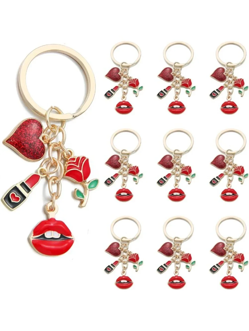 Romantic Love Keychain Set - 10PCS Red Glitter Heart, Rose & Lipstick Charms for